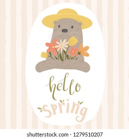 Hello Spring vector illustration. Otter gardener with flowers. Cartoon handdrawn style. 
