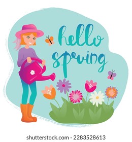 Hello Spring vector illustration. Season lettering with girl with watering can. Girl watering flowers. Poster in cartoon style.