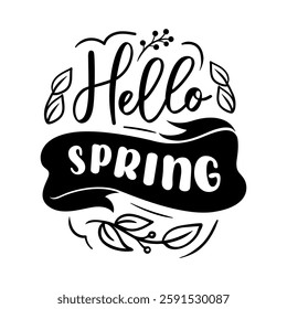 Hello Spring is a vector illustration showcasing elegant lettering, beautifully complemented by slender plant branches and soft, delicate flowers, capturing the essence of the cheerful spring season