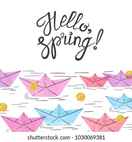 Hello spring. Vector illustration with watercolor paper boats.