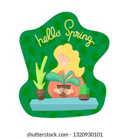 Hello Spring vector illustration with woman and plants. Smiling girl with houseplants. Potted flowers on window. Hello spring lettering poster on white background. Happy woman with flowers