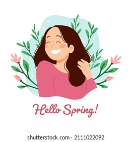Hello spring Vector illustration of woman with flowers
