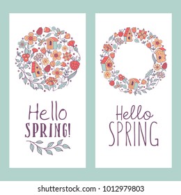 Hello, spring! Vector illustration. A wreath of spring flowers, branches, and leaves. Spring greeting card. Isolated on a white background.