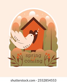 Hola Spring. Vector ilustración linda aislada con pajarera, pájaro volador blanco sobre fondo de la naturaleza con texto. Elementos ingenuos: caja de anidación, bosque, árboles, arbustos, hojas, bayas. Diseño plano.