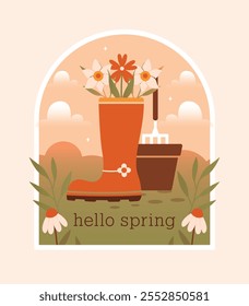 Hallo Spring. Vektorgrafik einzeln mit Gartenstiefeln, Blumenstrauß, Narzisse, Blumentopf, Gartengabel auf Naturhintergrund mit Text. Gartengeräte auf grünem Hügel. Flaches Design.