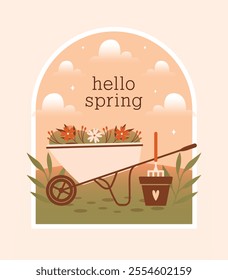 Hello Spring. Vector isolated illustration with gardening tools, wheelbarrow, flowerpot, fork, flowers, plants. Cute clip art for card, banner, flyer, sticker. Flat Design. Springtime badge.