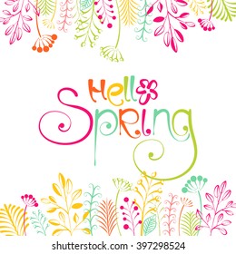 Hello spring vector lettering with cute flowers abstract background