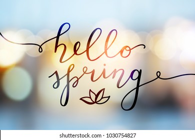 hello spring, vector lettering and flower, spring card with handwritten text