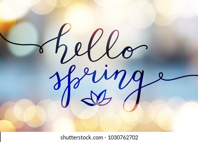 hello spring, vector lettering and flower, spring card with handwritten text