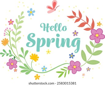 Hello spring vector logotype badge typography icon lettering season leaves flowers floral greeting card invitation template retro vintage banner poster abstract isolated background