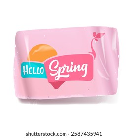 Hello spring vector pink plastic sticker isolated on transparent white background. POP art Hello spring label, icon, print, banner design template with cartoon text, spring vibe. Hello march