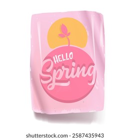 Hello spring vector pink plastic sticker isolated on transparent white background. POP art Hello spring label, icon, print, banner design template with cartoon text, spring vibe. Hello march