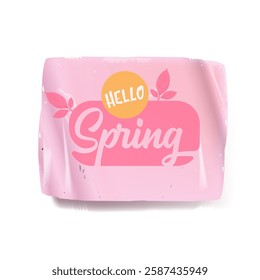 Hello spring vector pink plastic sticker isolated on transparent white background. POP art Hello spring label, icon, print, banner design template with cartoon text, spring vibe. Hello march