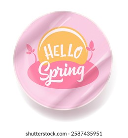 Hello spring vector pink plastic sticker isolated on transparent white background. POP art Hello spring label, icon, print, banner design template with cartoon text, spring vibe. Hello march