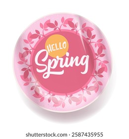 Hello spring vector pink plastic sticker isolated on transparent white background. POP art Hello spring label, icon, print, banner design template with cartoon text, spring vibe. Hello march