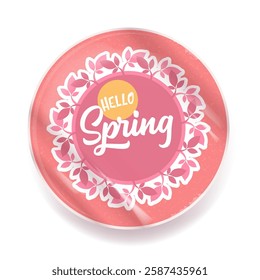 Hello spring vector pink plastic sticker isolated on transparent white background. POP art Hello spring label, icon, print, banner design template with cartoon text, spring vibe. Hello march