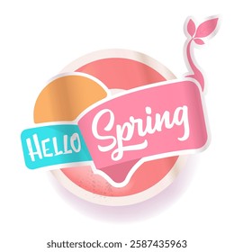 Hello spring vector pink plastic sticker isolated on transparent white background. POP art Hello spring label, icon, print, banner design template with cartoon text, spring vibe. Hello march