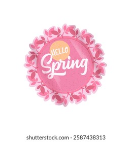 Hello spring vector pink plastic sticker isolated on transparent white background. Kids Hello spring label, icon, print, banner design template with cartoon text, spring vibe. Hello march
