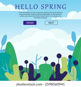 Hello Spring vector postcard. Invitation card, backpacking and outdoor tourism. Floral background