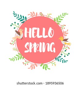 Hello spring vector poster design. Poster design with bright blooming leaves and birds. Vector illustration in a flat style.