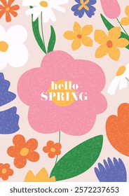 Hello Spring vector poster. Hand-drawn flyer for decoration spring events, Mother's Day, Easter. Beautiful spring pattern with abstract flowers. Concept of trendy spring cover.