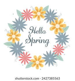 Hello Spring. Vector seasonal illustration with flowers. Lettering for postcard, invitation template. Pastel colors.