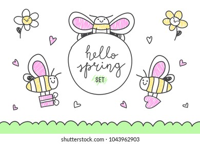 hello spring, vector set of cute big hand drawn butterflies, flowers and lettering