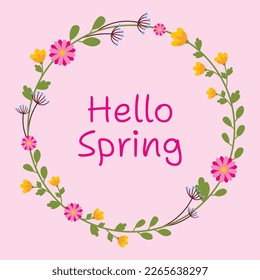 Hello spring vector template banner, greeting card, poster. Words of welcome in a circular flower frame 