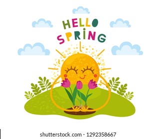 Hello Spring vector template design. Cute sun with spring flowers on sky background. Cartoon illustration. Card for kids.