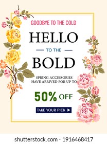 Hello spring vertical web banner with rose bloom,pink and yellow background.E- Commerce shop online.Great for Flyers, Posters, Headers, Landing Page, Website. Illustration. Flat Design.