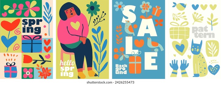 Hello spring. A vibrant and playful set of naive-style vector illustrations that capture the essence of spring and the onset of summer. 