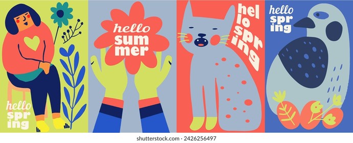 Hello spring. A vibrant and playful set of naive-style vector illustrations that capture the essence of spring and the onset of summer. 