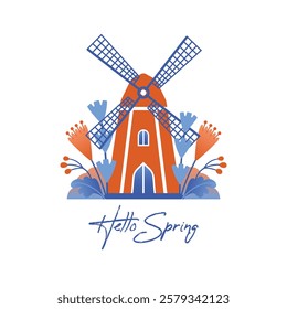 Hello Spring. Village windmill, cottagecore arhitecture. Cute building on spring landscape in flat style. Card, banner with short phrase, text. Spring house with plants, leaves, flowers, forest.