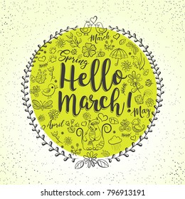 hello spring vintage doodle illustration, vector  hand drawn  set, eps 10 vector
