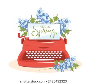 Hello Spring. Vintage typewriter with spring flowers. Spring holiday card. Vector illustration for bookstore or library