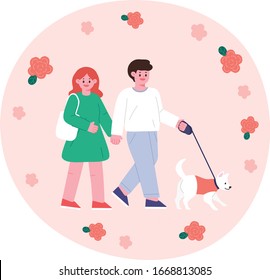 Hello spring, walking with dog, dating couple and dog. People Vector Illustrations