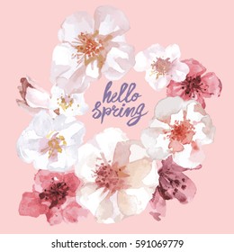 Hello Spring watercolor blooming
Spring greeting card with text" hello Spring" written by hand with a brush located slightly above average in square composition on a pink background