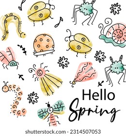 Hello Spring Watercolor Bugs Vector Card Template