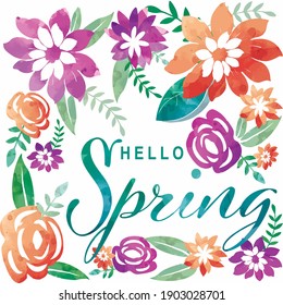 Hello Spring, Watercolor Vector Greeting with flowers