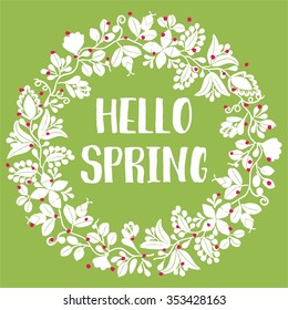 Hello spring watercolor wreath vector card