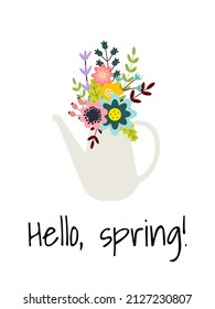 Hello, spring! Watering can with colorful flowers. Cartoon style.