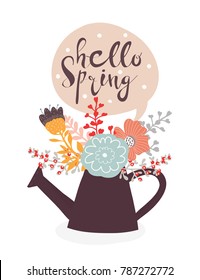 Hello spring. Watering can with flowers. Hand drawn vector illustration