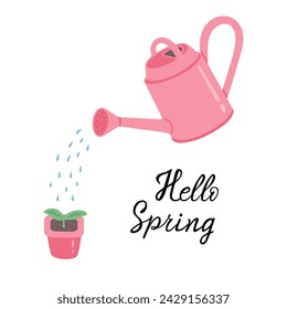 Hola primavera, regadera y plántula. Ilustración vectorial para impresión, fondos, cubiertas y embalaje. La imagen se puede utilizar para tarjetas de felicitación, carteles y pegatinas. Aislado sobre fondo blanco.