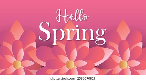 Hello spring web banner greeting card background. Spring season background with colorful flowers and modern trendy design. Spring text with bloom flowers for holiday season celebration template
