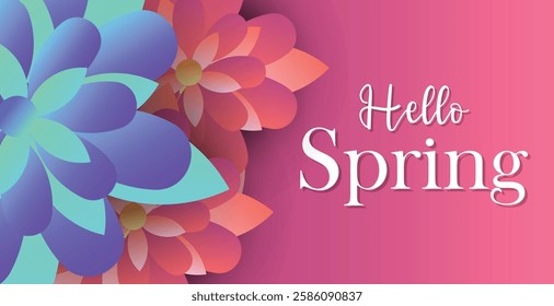 Hello spring web banner greeting card background. Spring season background with colorful flowers and modern trendy design. Spring text with bloom flowers for holiday season celebration template