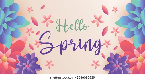 Hello spring web banner greeting card background. Spring season background with colorful flowers and modern trendy design. Spring text with bloom flowers for holiday season celebration template