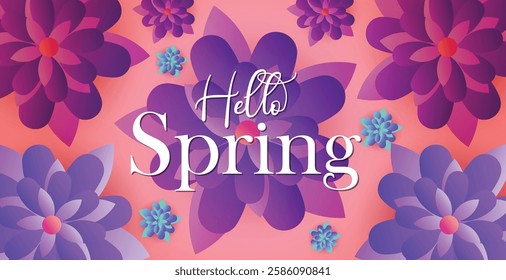 Hello spring web banner greeting card background. Spring season background with colorful flowers and modern trendy design. Spring text with bloom flowers for holiday season celebration template