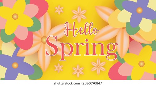 Hello spring web banner greeting card background. Spring season background with colorful flowers and modern trendy design. Spring text with bloom flowers for holiday season celebration template
