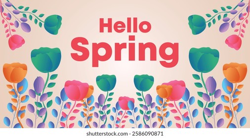 Hello spring web banner greeting card background. Spring season background with colorful flowers and modern trendy design. Spring text with bloom flowers for holiday season celebration template