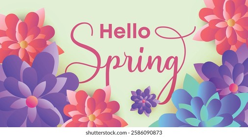 Hello spring web banner greeting card background. Spring season background with colorful flowers and modern trendy design. Spring text with bloom flowers for holiday season celebration template